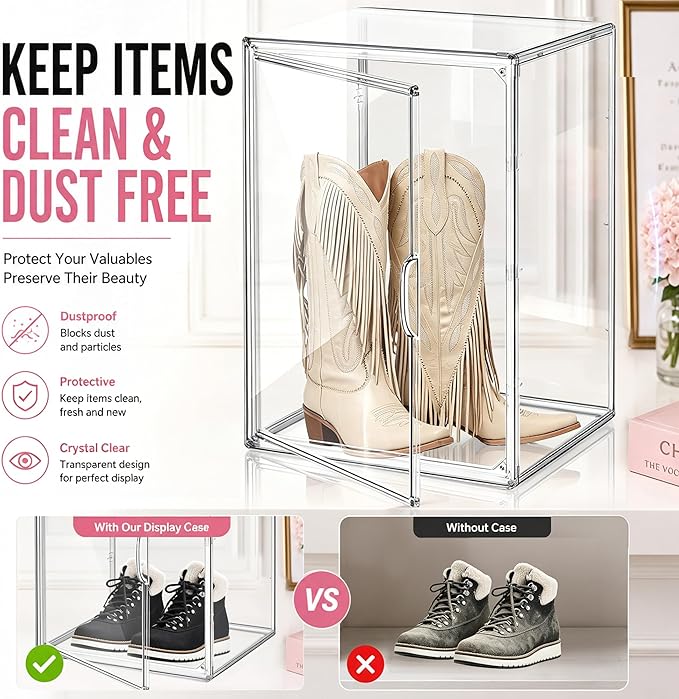 Clear Tall Boot Storage Box, Organizer for Ankle Boots and Booties | Fits Men/Women Shoes Size 15.Designed for ankle boots,short fashion boots.Clear stackable storage with dustproof protection.