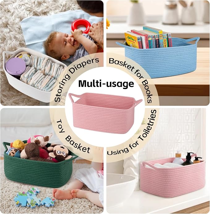 OIAHOMY Woven Basket, Gift Basket Empty with Gift Bags and Ribbons, Rope Baskets for Baby Showers, Storage Baskets with Handles for Nursery, Pet Toy Organizer - Blue