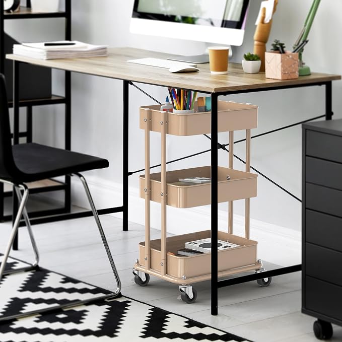 Simple Houseware 3-Tier Utility Cart, Low 24" Height Fits Under Desk, Khaki | Compact & Lower Height Great for Under-Desk Space-Saving Storage for Home Office, Dining Room, or Kitchen
