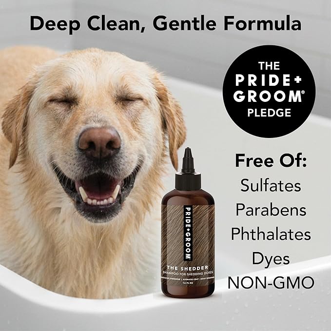 Pride and Groom The Shedder | Dog Deshedding Shampoo | All Natural Body Wash with Essential Oils & Ingredients that Reduce Pet Shedding & Fur Dander for Curly and Wavy Coats – 16oz