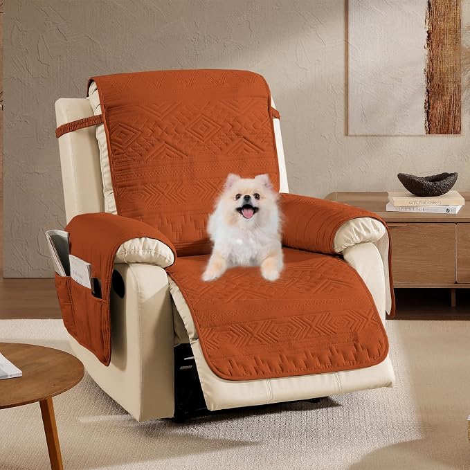 Boho Orange Quilted Recliner Covers, Water-Repellent Recliner Slipcovers, Lazy Boy Chair Covers, Pet Friendly Recliner Cover for Dogs, Washable Furniture Protector (Recliner 22", Burnt Orange)