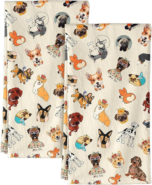 Miss Adola Flour Sack Kitchen Towels - Set of 2 Spring Dish Towels with Hanging Loop 18x26 Inch Absorbent Reusable Cotton Cloths for Cleaning Cute Design Home Decorative Housewarming, Dog Lovers