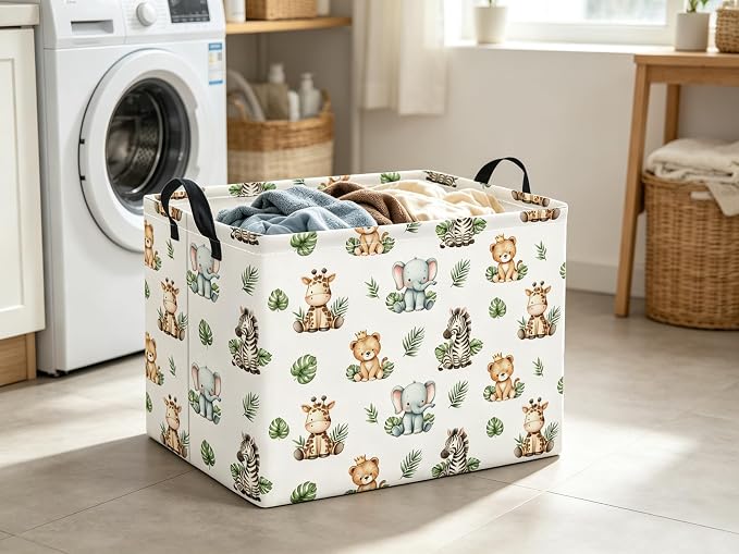 Rectangular Kids Basket Baby Girl Basket Fabric Storage Bin Organizer Box Room Decor(Leaf Animal)