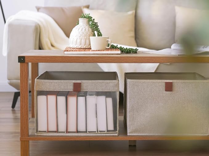 StorageWorks Closet Storage Bins, Storage Baskets, Brown and Beige, 3-Pack | Clear Window for Visibility, Soft Leather Handle, Flip to Show/Hide, Breathable Fabric, Holds Coats, Towels, Blankets, Toys