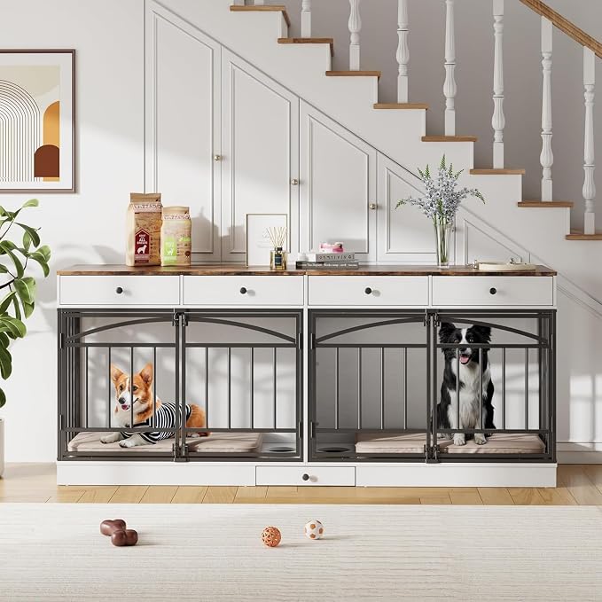 Dog Crate Furniture for 2 Dogs, Double Dog Crate TV Stand, White | 78.7'' Large Dog Kennel Indoor, 4 Storage Drawers and Feeding Bowls, Pet Kennel for Small and Medium Dogs