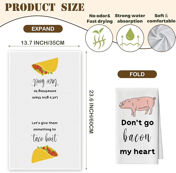 Kitchen Towels Set of 2, Tacos and Pig Dish Towel for Kitchen, Decorative Hand Towels for Bathroom, Fast Drying Tea Towel with Funny Sayings, Housewarming Xmas Gifts for Women Mom -B16