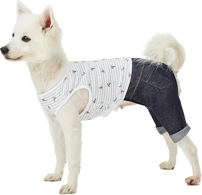 Blueberry Pet Summer Vacation Beach Cotton 4 Legged Onesie Dog Shirt with Denim Colored Pants, Sea Lover Nautical Striped Jumpsuit, Back Length 12", for Small Medium Dogs
