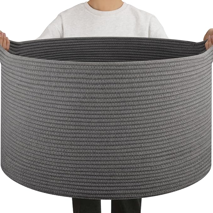 OIAHOMY 90L Extra Large Blanket Basket - Decorative Cotton Rope Storage Basket for Bedroom, Living Room & Nursery - Woven Laundry Hamper for Organizing Blankets, Clothes & Toys - Grey