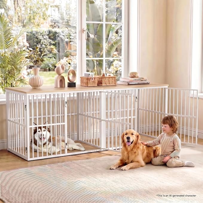 VOWNER 86.7" Double Dog Crate Furniture for 2 Large Dogs, White/Natural | Heavy Duty Wooden Dog Kennel with Removable Divider, XXL Dog Cage TV Stand End Table with 4 Doors, Double Locks for Each Door