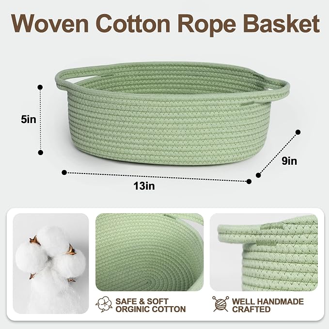 Basket for Gifts Empty, 13"x 9"x 5" Small Green Woven Rope Bin, Gift Basket Empty, Kids Dog Cat Toy Bin Box, Cute Baby Nursery Organizer, Decorative Storage with Handles, Green Room Decor