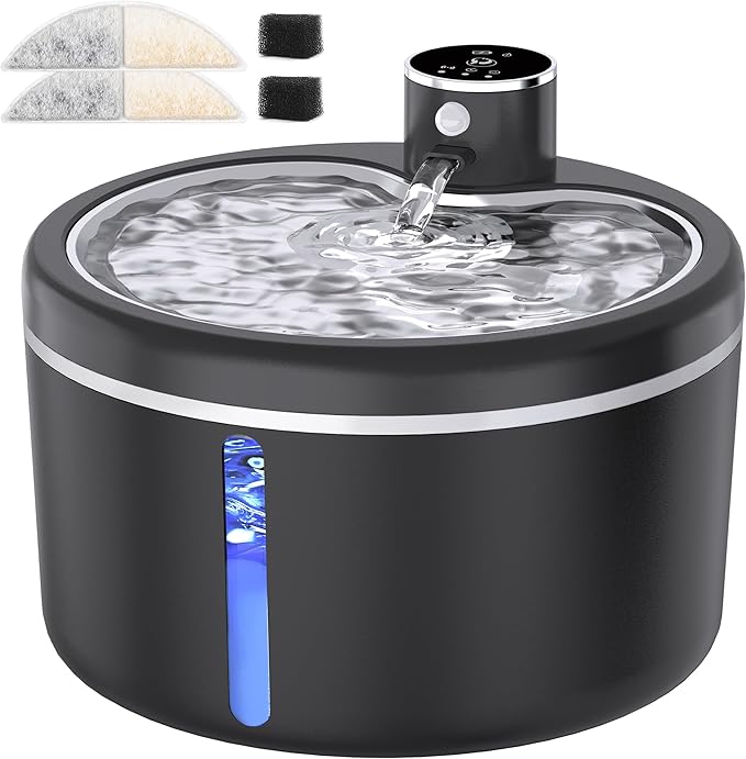Cat Water Fountain Cordless, 108oz/3L Pet Fountains for Cats Indoor with Stainless Steel Tray, Battery Operated Cat Drinking Fountain with Motion Sens (Black)