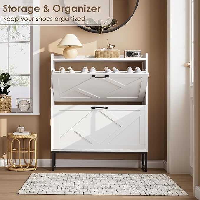 Shoe Storage Cabinet with 2 Flip Drawers, Entryway Cabinet, White | Slim Shoe Cabinet with Metal Legs, Narrow Farmhouse Shoe Organizer for Entryway, Foyer, Hallway, Wood Shoe Rack with Hook