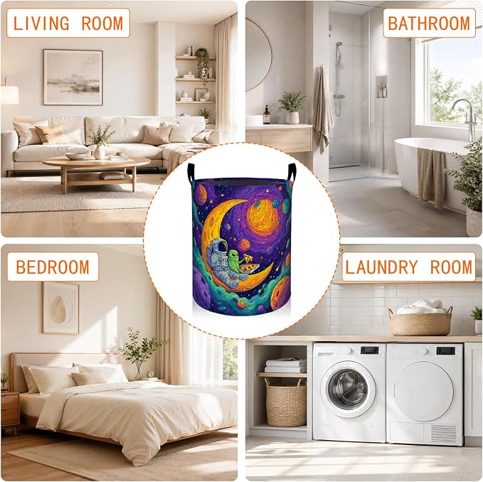 Astronaut and Alien Laundry Basket, Cartoon Space Oxford Cloth Dirty Clothes Collapsible Hamper for Room Decor, Cosmic Lovers Gifts, Toy Organizer 19.7 x 15.7 Inches for Bedroom Bathroom Dorm
