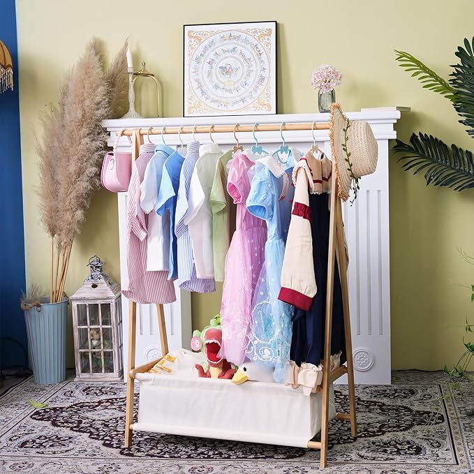 Bamboo Kids Clothing Rack with Storage Box - Foldable,Kids Dress Up Rack with Hooks & Rod, Organize Dress Up Storage & School Uniforms, Perfect for 4-13 Year Olds