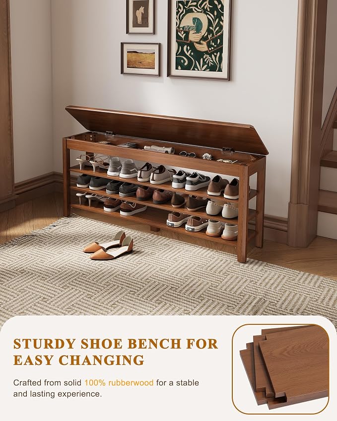 IUNVR Shoe Rack Bench Seat Rubberwood 3-Tier Wooden Storage Bench 550lbs Compact Mid-Century Modern Design for Entryway, Hallway, Closet, Front Door Entrance, Foyer