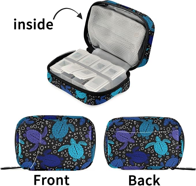 Pill Case 7 Day Pill Organizer Turtles Ocean Cute Travel Pill Case Portable Weekly Pill Box Bag Container Vitamin Supplement Holder with Zipper for Family Business