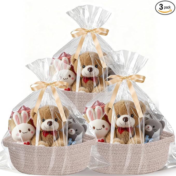 Small Basket with Gift Bags and Ribbons，Small Woven Basket Cute Oval Cotton Rope Gifts with Handle Empty Baby Wicker Storage Basket for Baby Showers Pet Toy Bin (Brown, 3 Pack (12"x 8"x 3.74"))