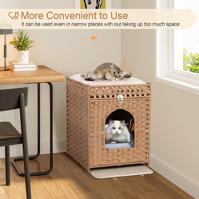 Snughome Cat Litter Box Enclosure Furniture Hidden with Litter Mat, Hidden Washroom Furniture with Door, Handwoven Rattan Cat Washroom Box, Indoor Pet House for Living Room, Bedroom(Natural)