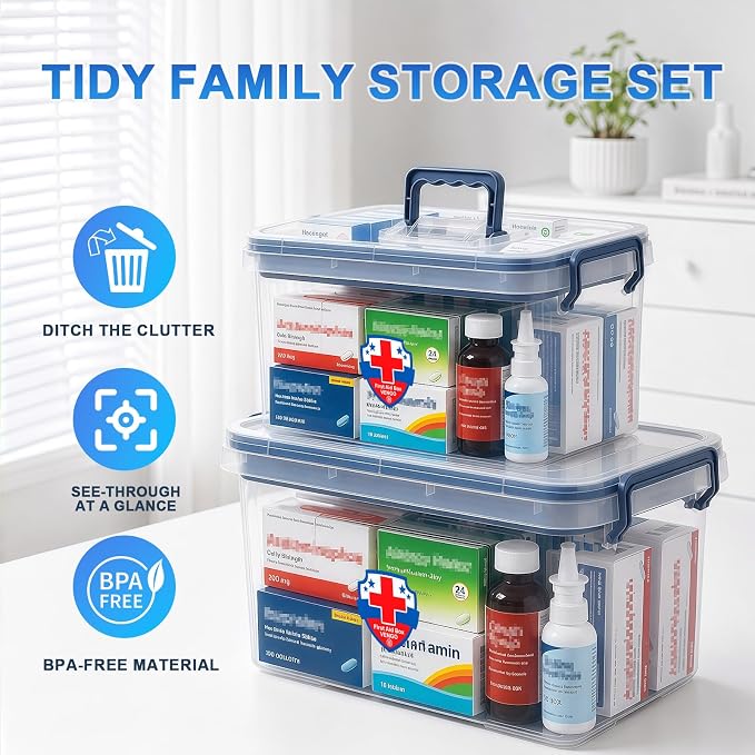 2 Pack Clear Medicine Organizer Box with Handle, Plastic Medicine Container with Tray First Aid Box Empty, Thickened Medicine Storage Organizer Multipurpose Medication Organizer Storage, Blue