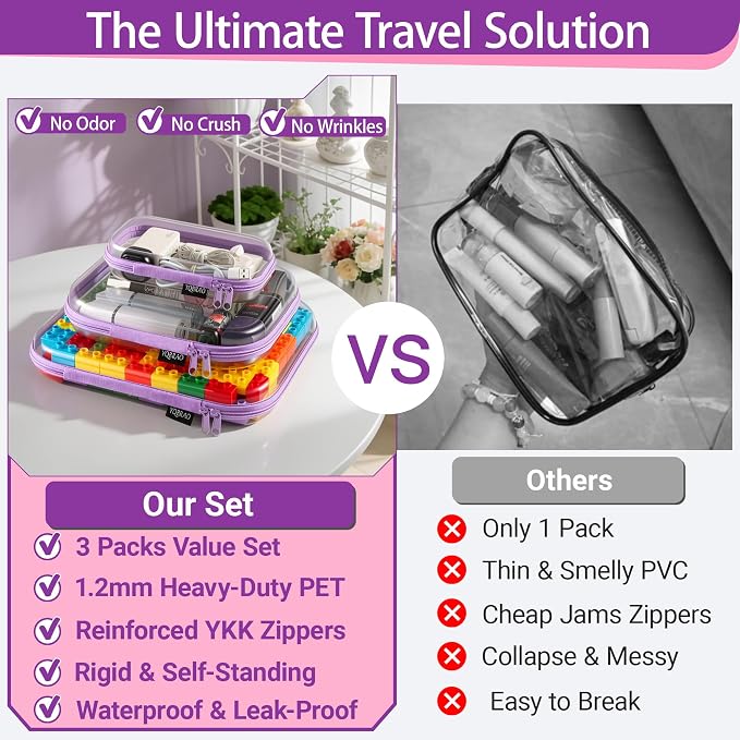 YQBRAO Clear Hard Shell Organizer Case Set, 3-Pack, Purple | Large, medium & small rigid PET organizers for crafts, travel, beauty and everyday storage