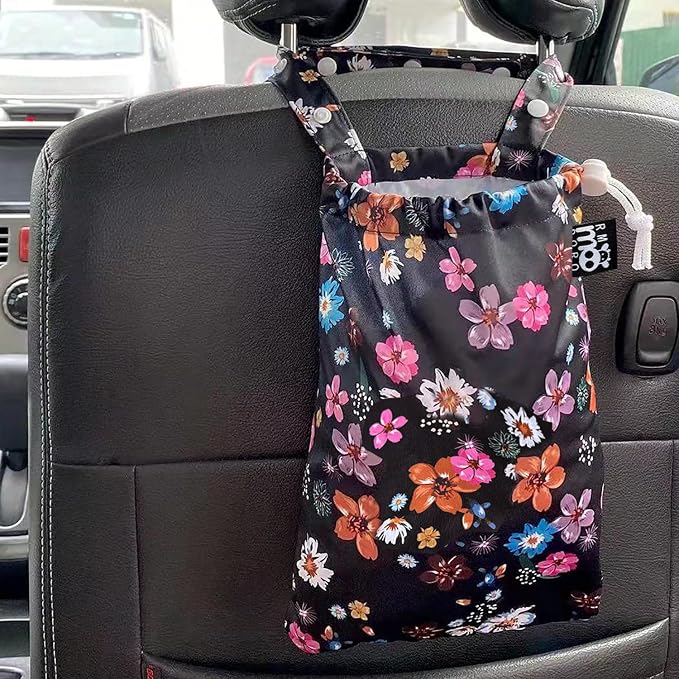 Waterproof Car Trash Bag Reusable Portable Garbage Can with Drawstring Top Adjustable Hanging Strap Leakproof & Washable for Cars SUVs & Trucks (Small Flowers)