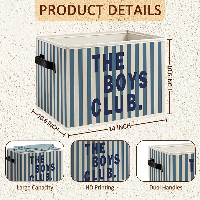Kids Boy Nursery Playroom Foldable Storage Bins Box with Handles, the Boys Club Blue Striped Decorative Storage Boxes Baskets Toybox Organizer for Kids Boy Nursery Room Bedroom Playroom