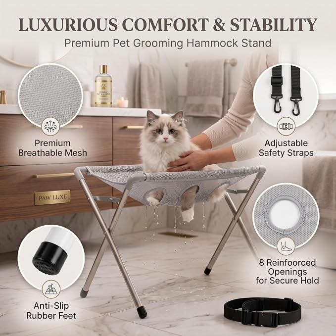 Cat Bathing Hammock, Stainless Steel Foldable Pet Bathing Stand with Restraint Straps, Multi-hole Anti-Scratch Washing Holder Station for Easy Feline Washing & Nail Trimming, Supports up to 40lbs，Pink