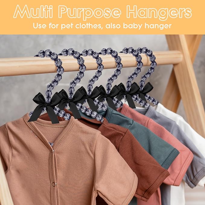 Mini Beaded Closet Hangers for Kid Clothes - Pack of 5, 7.8" Cute Organizers for Small Garments, Pet Outfits, Boutique Displays, Satin Bow Detail - Charm Black