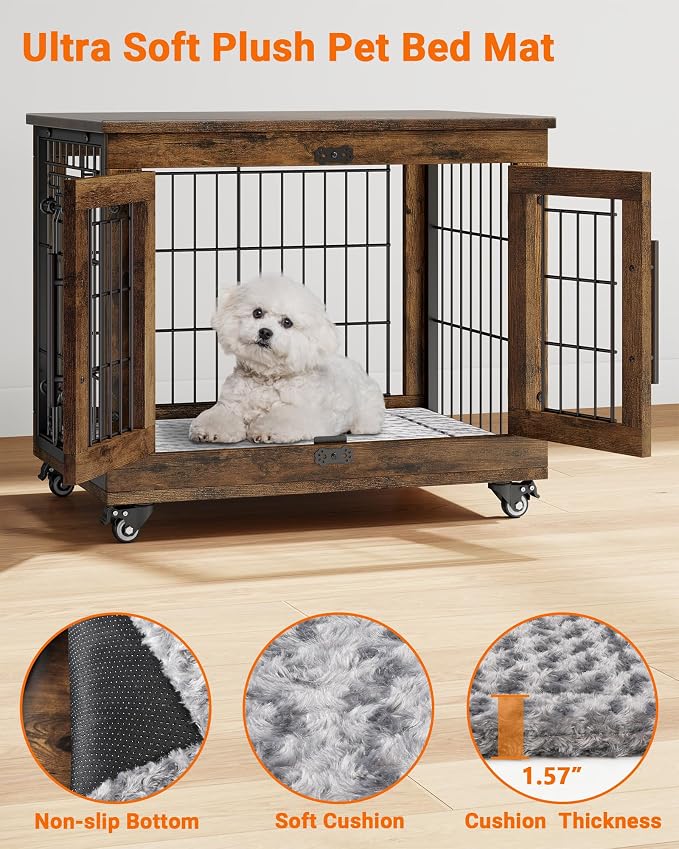 YaFiti Dog Crate Furniture, 27.2" Wooden Dog Kennel, 2 Pack, Rustic Brown | for Small Dogs, Up to 30 lb, Cushion, Wheels, Double Doors, Furniture Style, Side End Table, Decorative Pet Cage House