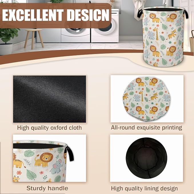 Cute Jungle Animals Cartoon Laundry Basket,Waterproof Foldable Laundry Hamper,Dirty Clothes Laundry Basket,Linen Bin Storage Organizer Collection 16" x 20.8"
