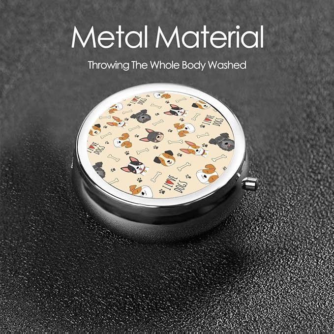 Compact Pill Case, Metal Round Holder for Supplements, Purse Pocket Organizer Travel Essential, Cute Doodle Pets Dog Light Yellow