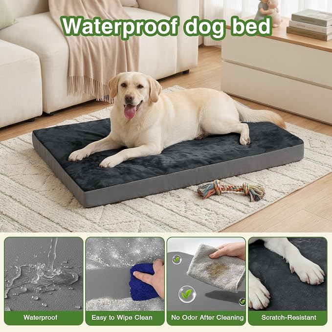 Waterproof Dog Bed Large Sized Dogs, Orthopedic Washable Crate Pad 35"x22" | Outdoor Pet Bed Foam, Reversible Faux Leather & Flannel, Durable Removable Cover, Anti-Slip Bottom,Kennel Pad 36" Dark Gray