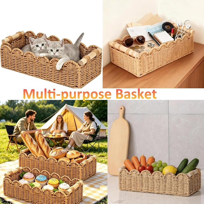 2PCS Paper Rope Scalloped Edge Toilet Paper Storage Basket for Bathroom | Basket for Over Toilet Shelves Storage Containers for Bathroom Decor Baskets for Toilet Storage Home Decor