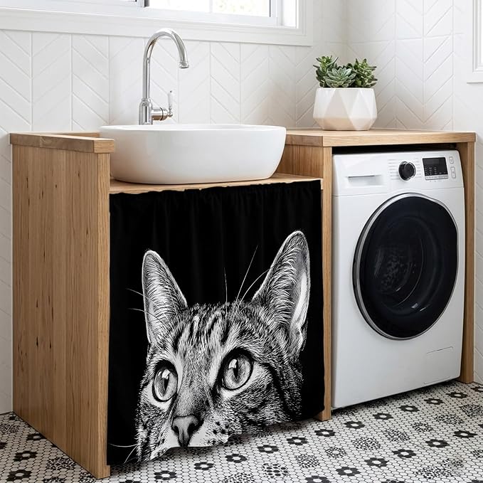 Cute Cat Cabinet Curtain 35"Wx35"L, Dustproof Under Sink Skirt with Self Adhesive Tape, Vintage Funny Pet Cat Portrait Black Cabinet Curtain Cover for Kitchen Sink, Bathroom Vanity, Laundry Room