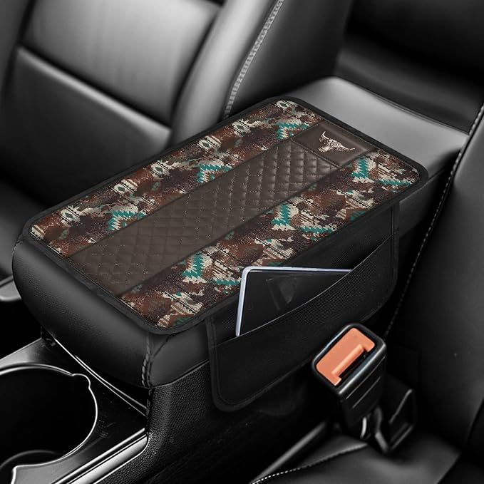 Howilath Bull Print Car Armrest Cushion Non-Slip Cover for Center Console | Southwest Anti-Slip Backing, Protects From Pet Claws and Daily Wear with 2 Storage Pockets