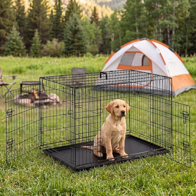 Sweetcrispy Dog Crate 42 Inch, Medium Large Dog Cage, Foldable Pet Kennel | Double Door, Metal Kennel, Secure Lock, Removable Tray, Indoor Outdoor Training Travel