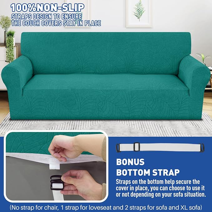 YEMYHOM Couch Cover Latest Jacquard Design High Stretch Sofa Covers for 3 Cushion Couch, Pet Dog Cat Proof Slipcover Non Slip Magic Elastic Furniture Protector (Large, Begonia Leaf Blackish Green)