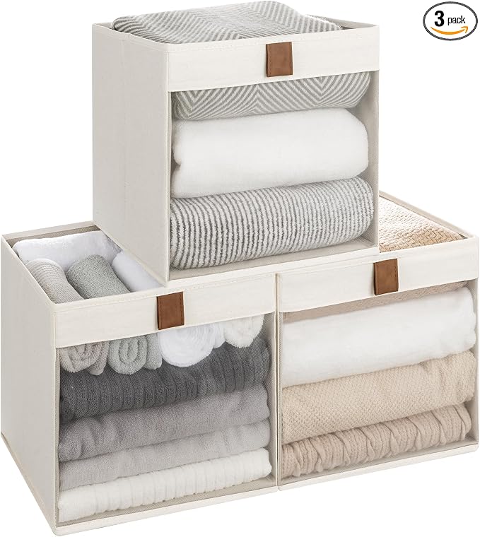 StorageWorks 11 Inche Cubes Storage Bins, Closet Bins, Beige, 3-Pack | See-Through Mesh Front, Soft Leather Handles, Flip to Show/Hide, Fabric Storage Bins for Closet, Shelves, Cube Organizers