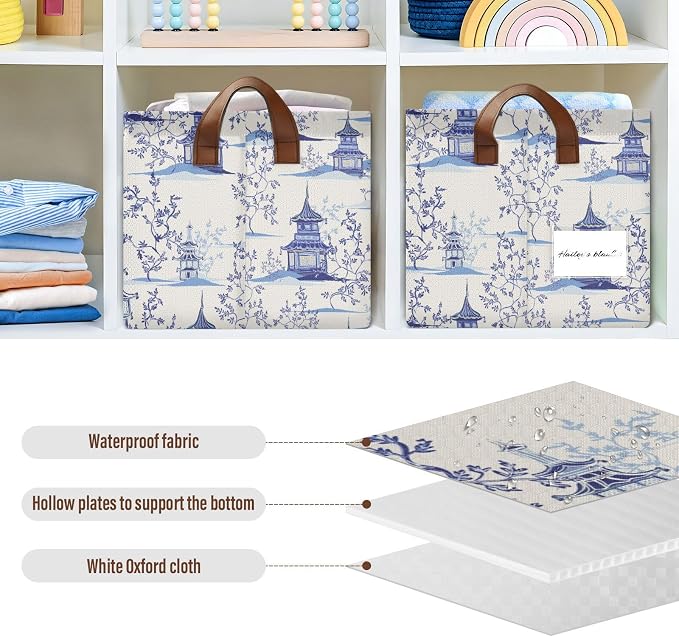Chinoiserie Padogas Willow Tree Blue Storage Basket Foldable Cube Storage Bins with Handles&Label Waterproof Collapsible Organizer Box Bin Large Rectangle Decorative Baskets for Shelves Home Room