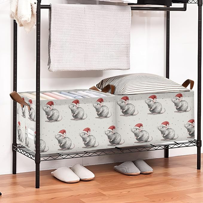 Christmas Cute Rat Pet Xmas Storage Basket Foldable Cube Storage Bins with Handles&Label Waterproof Collapsible Organizer Box Bin Large Rectangle Decorative Baskets for Shelves Home Room Laundry