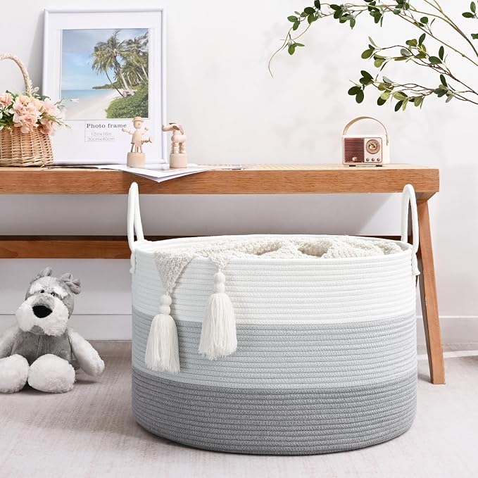 67L Large Woven Blanket Basket, Cotton Rope Baby Laundry Hamper with Handles, Kids Toy Basket for Classroom & Nursery, Soft Round Stuffed Animal Storage, Dog Toy Bin - 20"x13", Gray