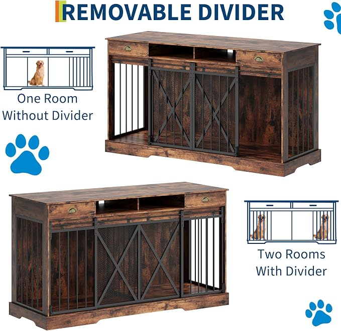 Garvee 63'' Double Dog Crate with Removable Divider | Extra Large Dog Cage Furniture with Sliding Doors & 2 Drawers, Multifunctional Indoor Pet House TV Stand for 2 Pets