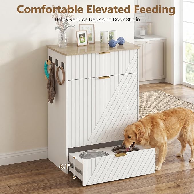 Dog Feeding Station Cabinet, Elevated Bowls with Slow Feeder Insert, White | Slow Feeder Insert, Large food bin, Removable Divider, 3 Side Hooks, Pull-Out Drawer, Easy to Clean for Small & Middle Dogs
