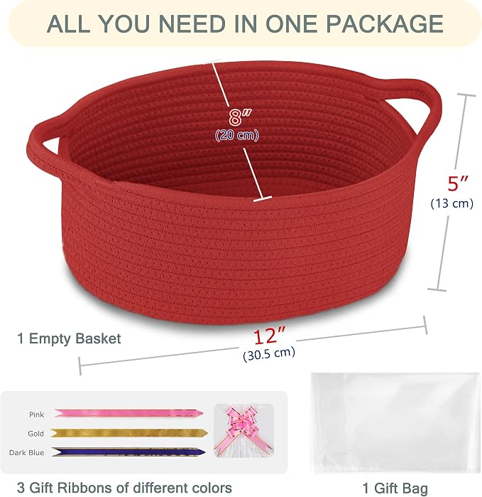 COMSE Empty Small Gift Basket with Bag & Ribbons, Red | Cotton Rope, 12"x 8"x 5", Baby Toy Organizer, Stores Small Items for Bedrooms, Nurseries, Bathrooms, Living Rooms, Offices
