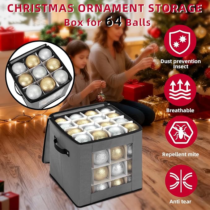 DIMESHY Christmas Ornament Storage Box Holds 64 Holiday Decorations,GRAY | Ornament Storage Container with Two Sturdy Carrying Handles,Adjustable Dividers,Holds Up to Christmas Ornaments by DIMESHY