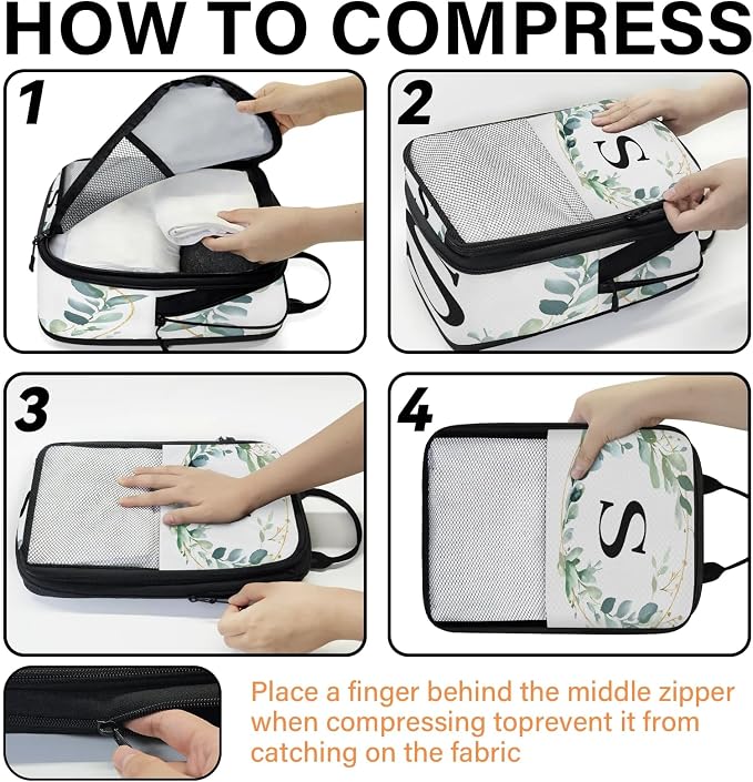 Letter S 6 Set Compression Packing Cubes Natural Floral Design Expandable Packing Organizer for Travel Accessories Luggage Suitcase Bag