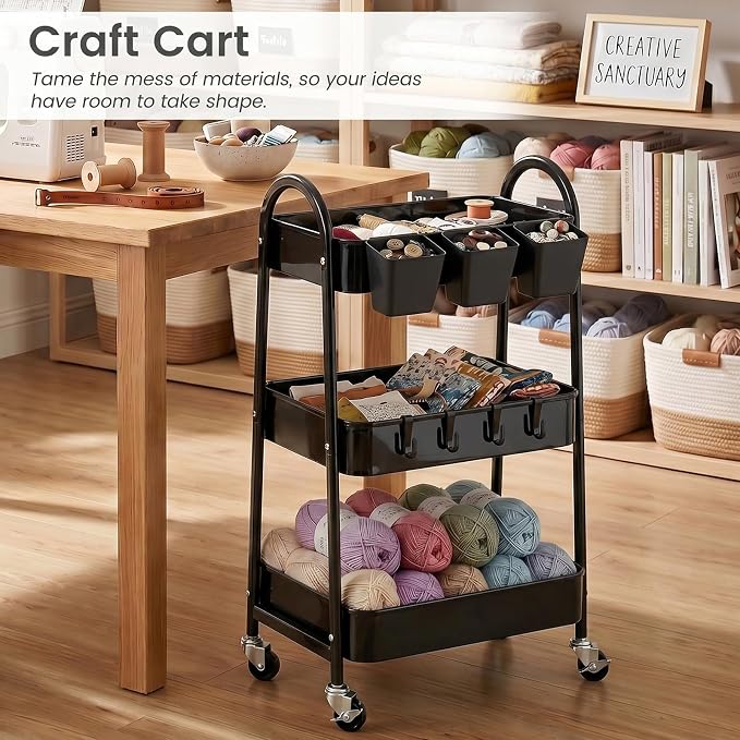 danpinera 3-Tier Rolling Cart, Utility Cart Mobile Metal Rolling Storage Cart with Lockable Wheels & Hanging Cups & Hooks for Kitchen, Bathroom, Office, Workshop, Black