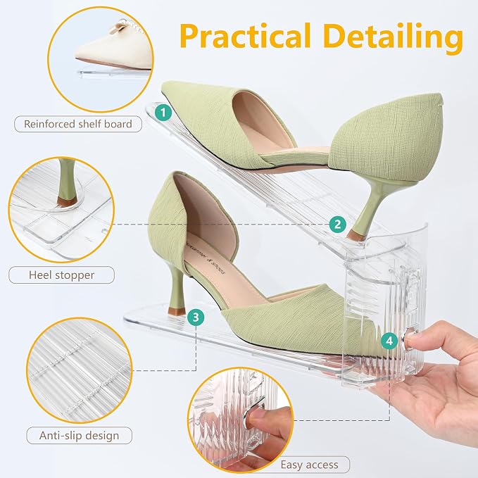 20-Pack Adjustable Shoe Slots Organizer for Closet, Clear | 20 transparent PET shoe stackers organize up to 20 pairs; 3 adjustable height levels for sneakers, heels, and flats.