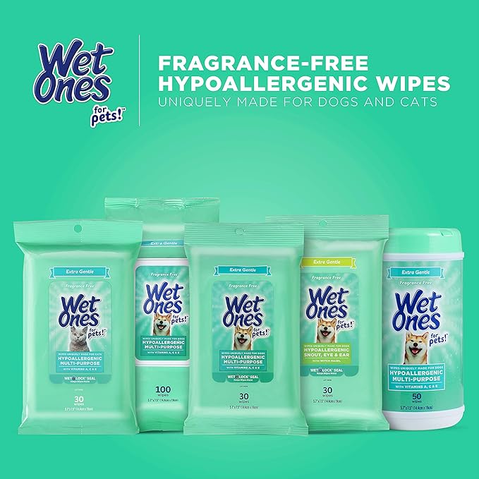 Wet Ones for Pets Hypoallergenic Multipurpose Dog Wipes with Vitamins A, C and E - Fragrance-Free All-Over Pet Grooming Wipes for Dogs in Canister, 50 Count