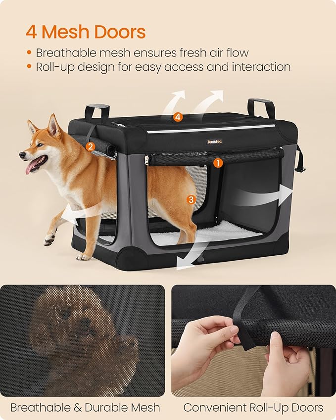 Feandrea Collapsible Dog Crate, Portable Travel Crate, 30-Inch | Oxford Fabric Pet Carrier with 4 Mesh Doors, Handles, Storage Pocket, Water Bottle Holder, UPDC017B01